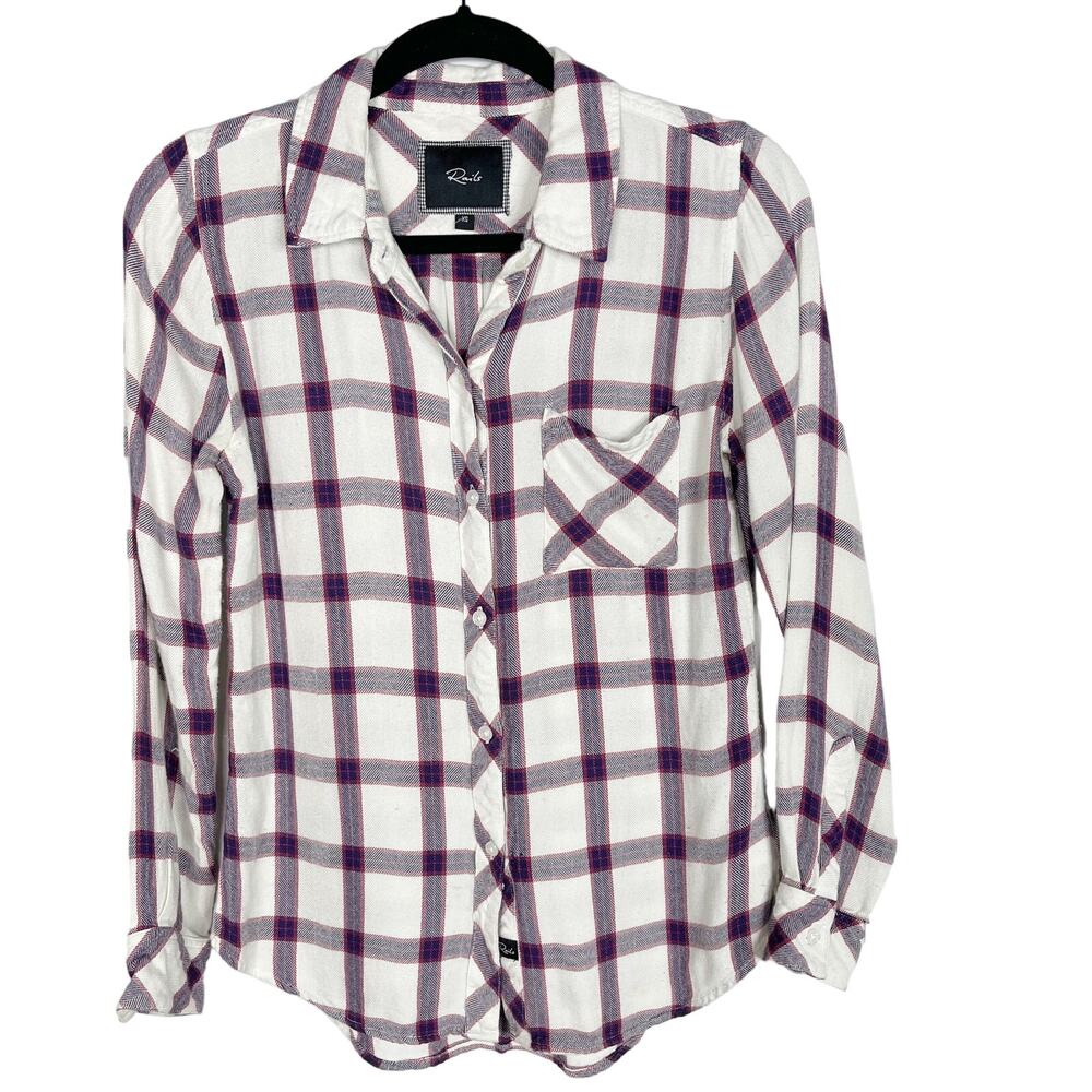 Rails Womens XSmall White Red Plaid Hunter Flannel Button Down Shirt Long Sleeve